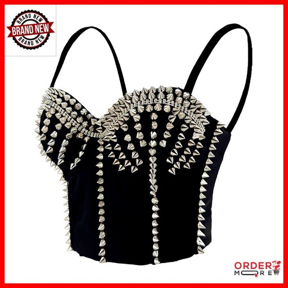 Tops - Metal Studs Bustier Crop Top Corset Rock Style Push Up Padded Underwire